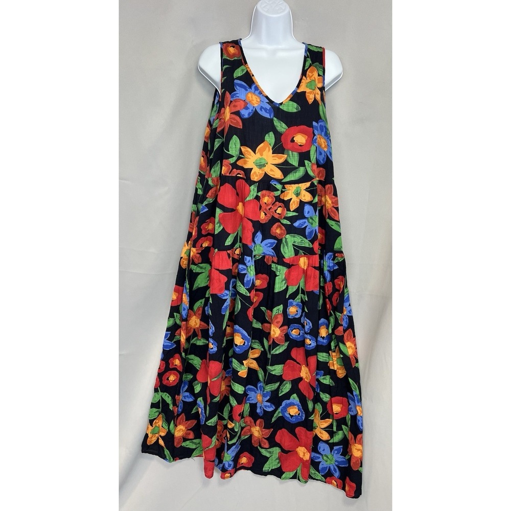 Yesno Casual Floral Maxi Dress V-Neck Long Sz Large‎ Pockets Sleeveless